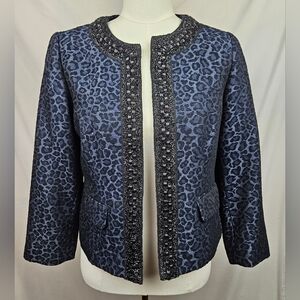 Chicos Leopard Print Metallic Blue Jewel Lined Blazer Sz 0 Maximalist Luxury‎